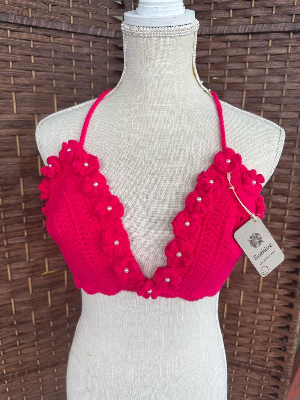 Beehive Hot Pink Crochet Halter Bralette with Pearl Accents